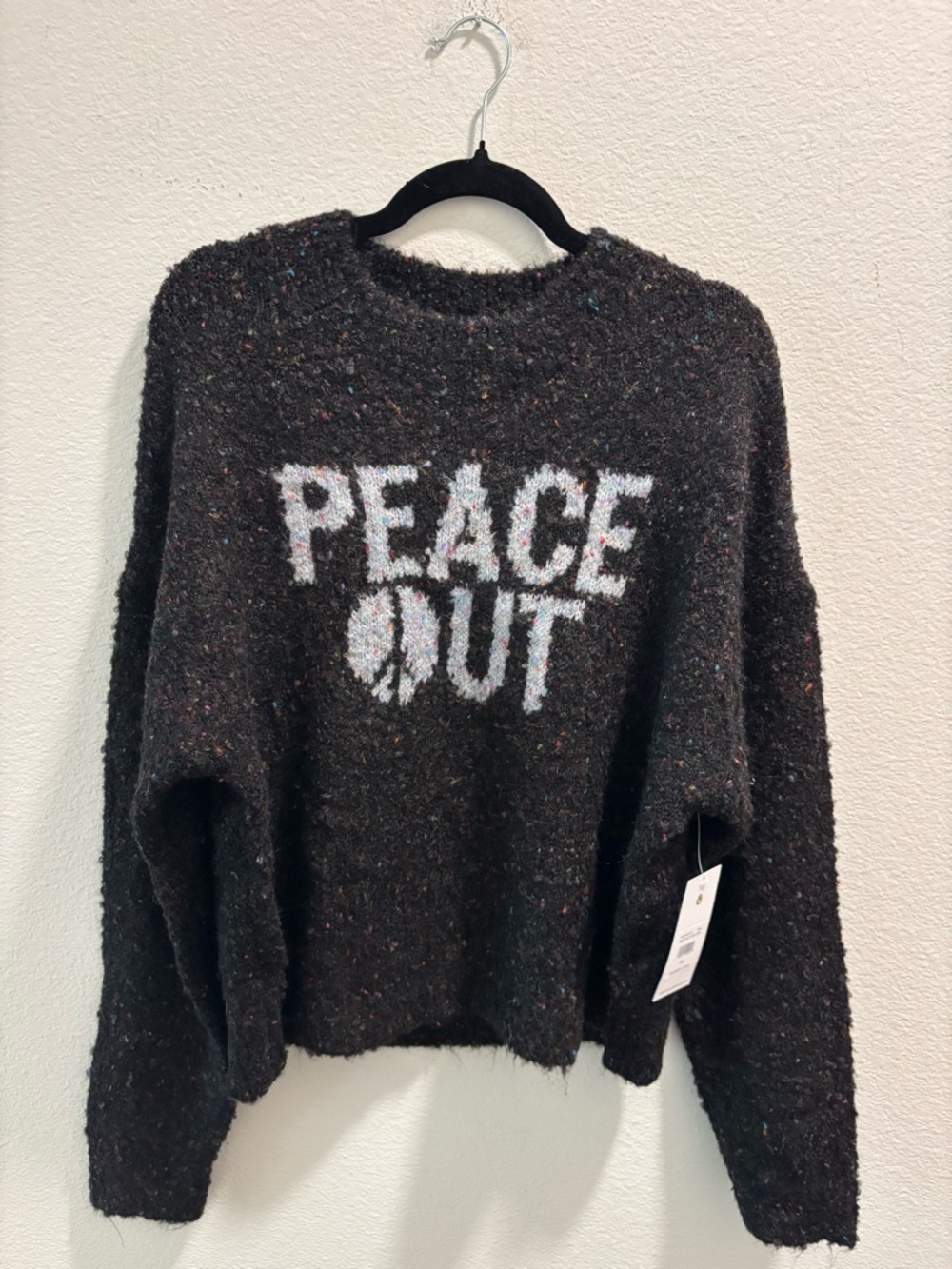 NWT Spiritual Gangster Peace Out Black Speckled Crewneck Sweater, size M